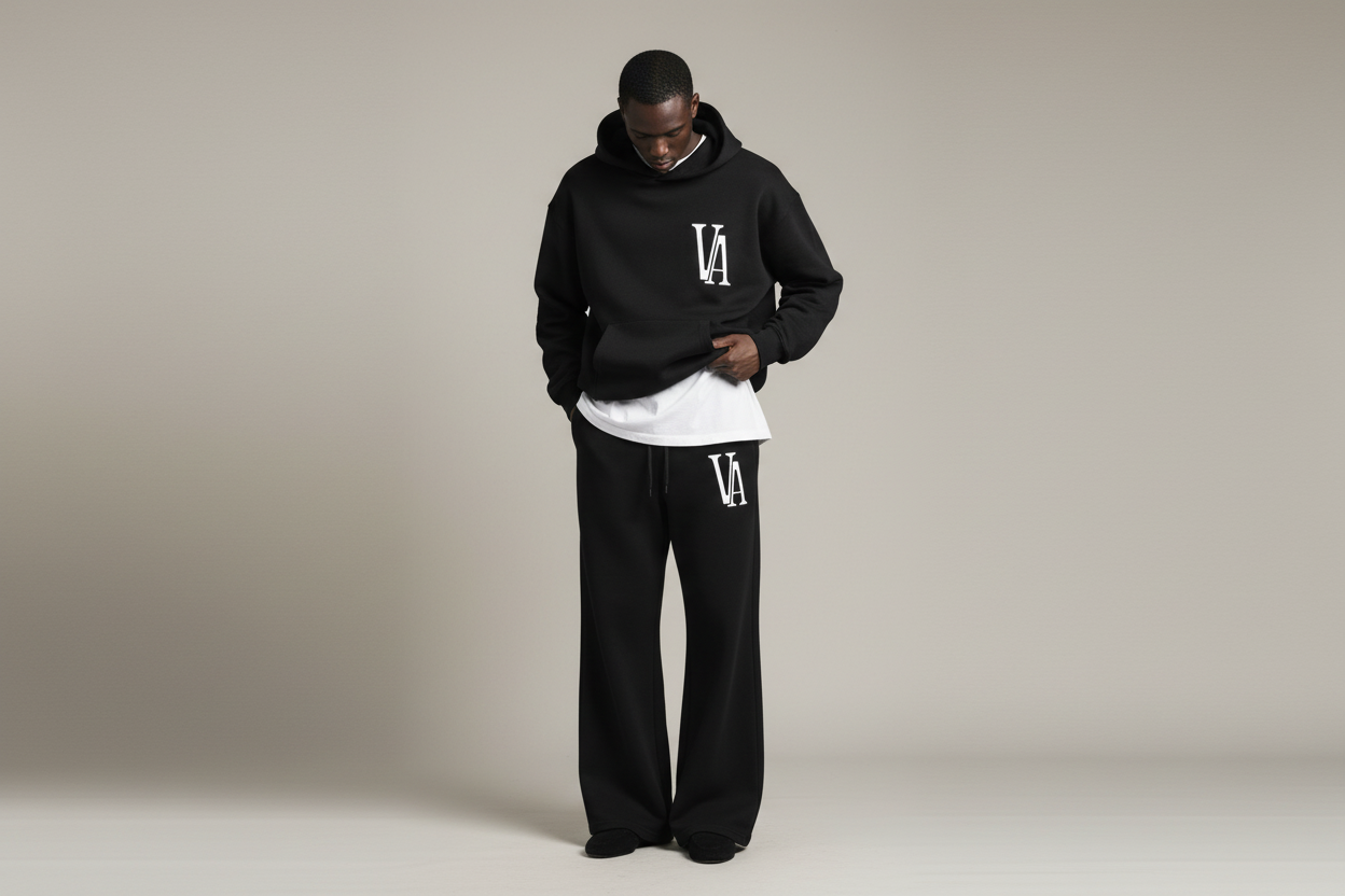 Model wearing black VA hoodie and trousers in editorial pose