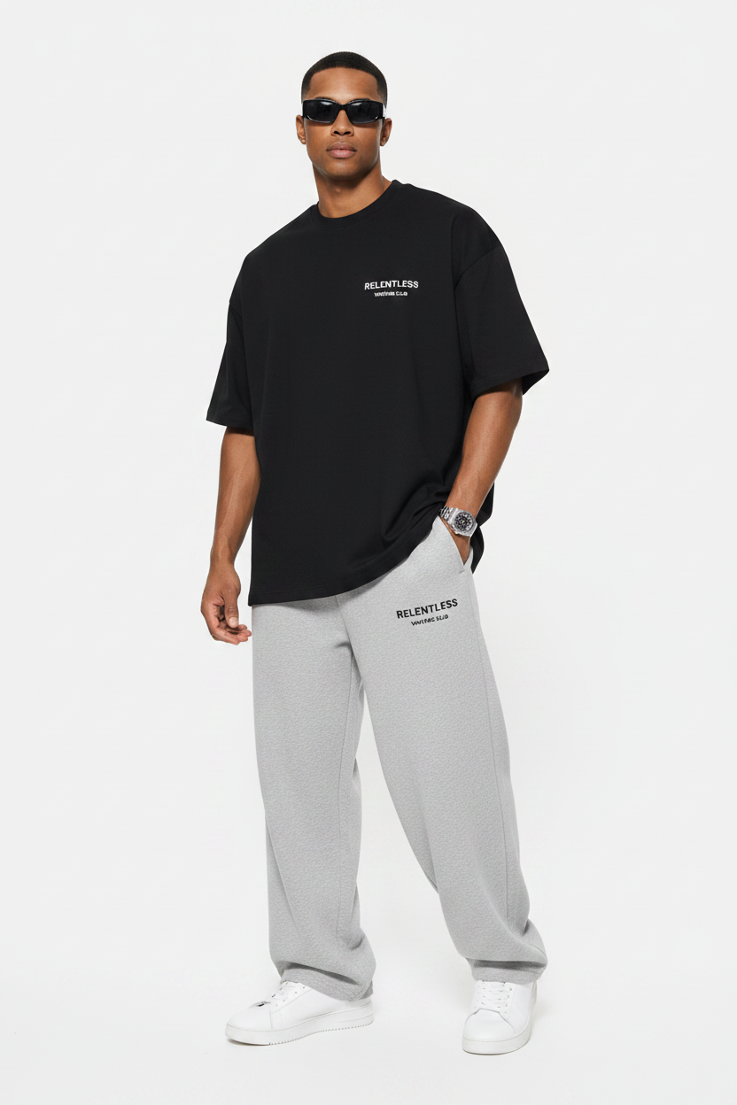 Relentless Club Black Tee & Grey Sweats with Sneakers