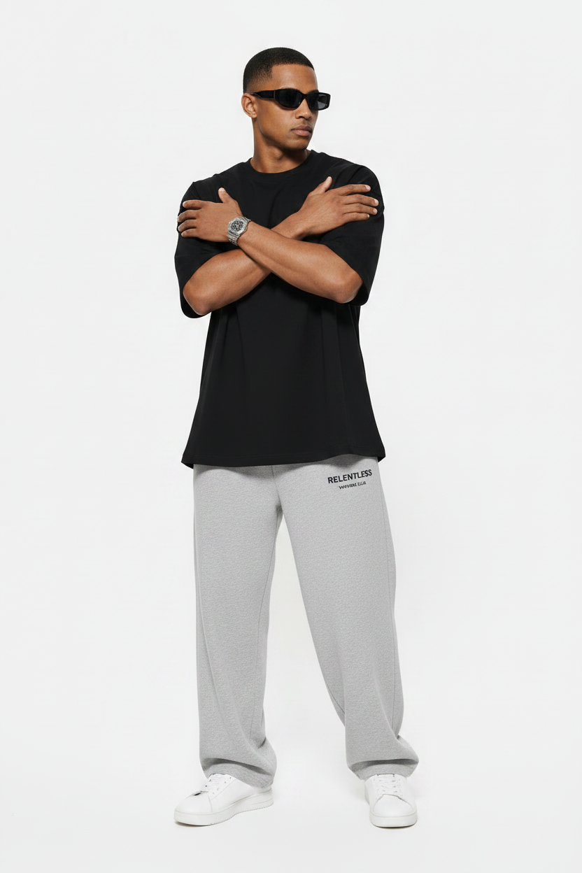 RLNT Black Tee Grey Sweats — Full Editorial Take 2