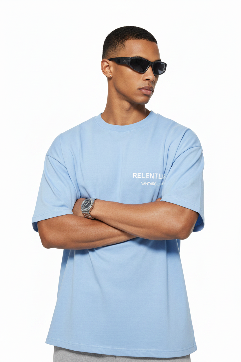 RLNT Sky Blue Tee — Close Up White Studio